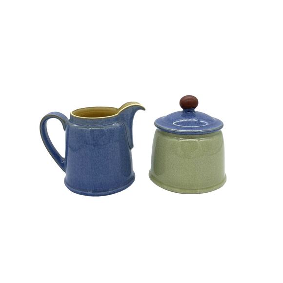 Denby Blue & Green Stoneware Creamer & Sugar Set 4" England - Picture 1 of 3